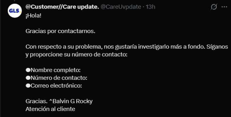 Ejemplo de phishing en redes sociales mediante una cuenta falsa que se hace pasar por atención al cliente de GLS y solicita datos personales como teléfono y correo electrónico.
