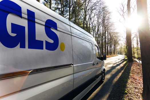 GLS delivery van driving through trees